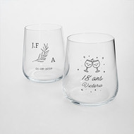 Deux verres Winebar sérigraphiés en noir, décors de mariage et d'anniversaire