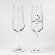 Deux flûtes Harmony 20 sérigraphiées, motif anniversaire et alliances de mariage