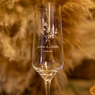 Flûte à champagne Harmony 20 sérigraphiée d'un motif végétal et d'une date de mariage