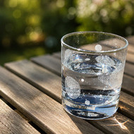 Verre Oria gravé rempli d'eau sur une table en bois au jardin