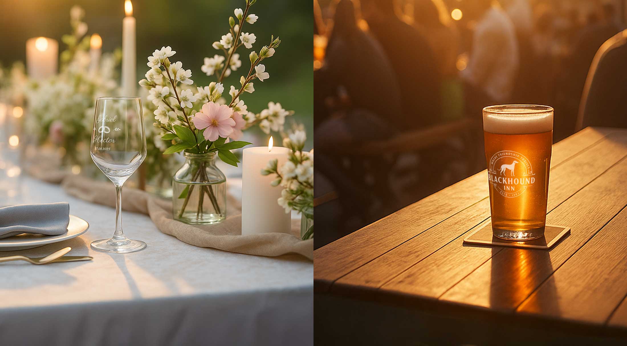 Table de mariage avec verre personnalisé et pinte de bière avec logo gravé